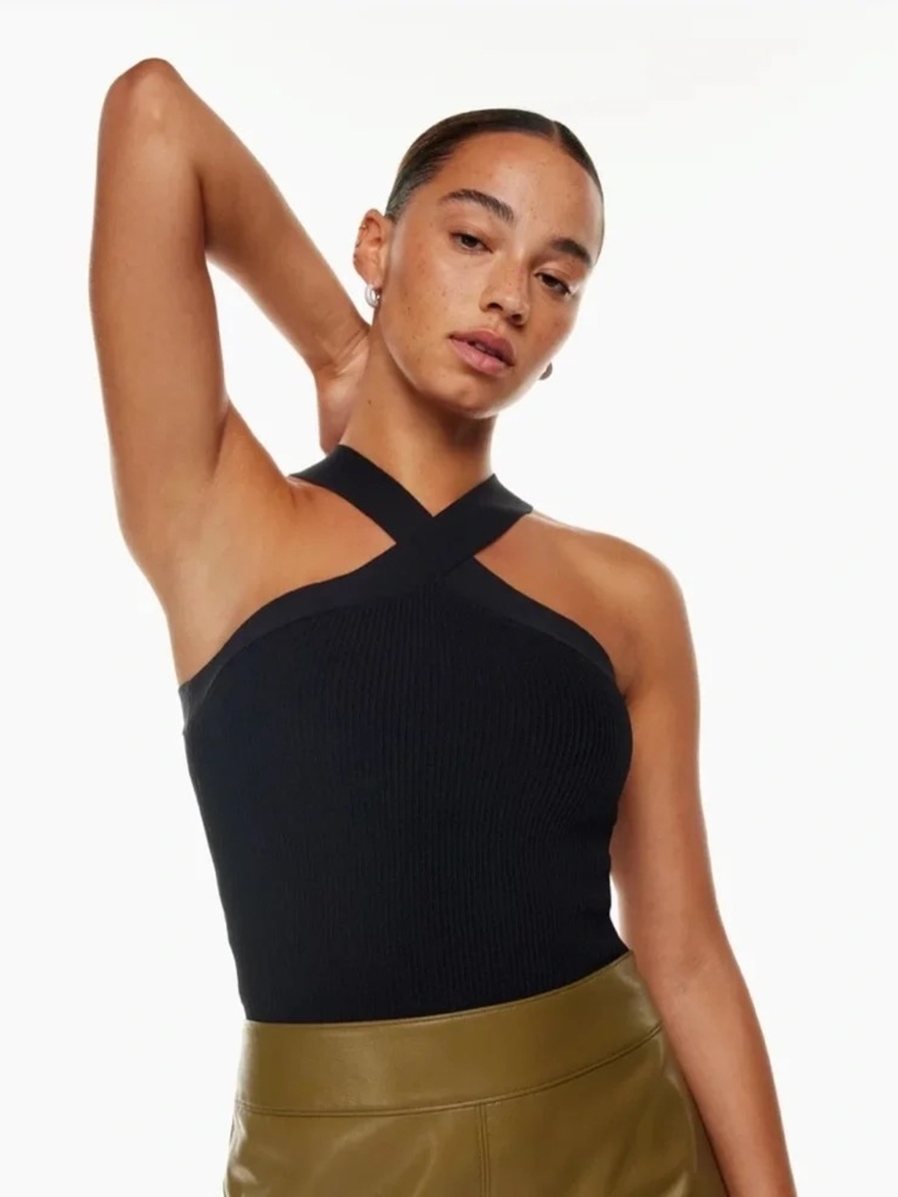 Aritzia Black Babaton Sculpt Knit Ribbed Cross Tank Cropped Size M